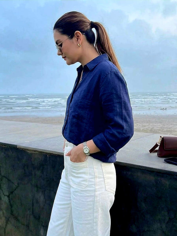 Electric Blue Oversized Drop-Shoulder Shirt Soft-Touch cotton Fabric Smart Casual Essential
