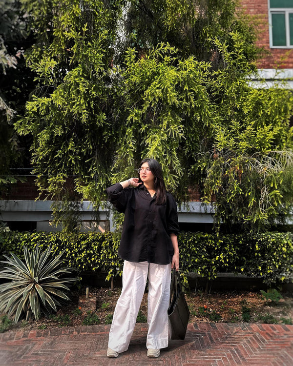 Classic Black Oversized Drop-Shoulder Shirt Soft-Touch Fabric Smart Casual Essential